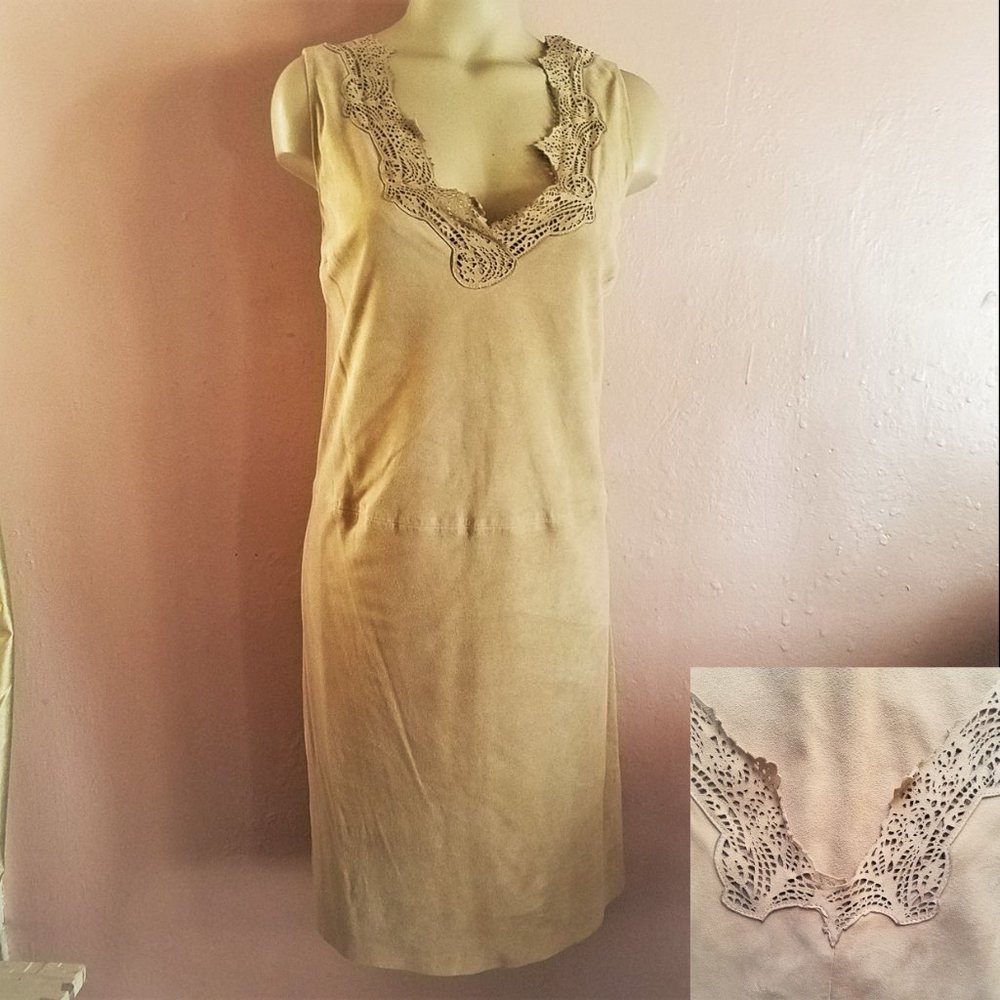 Ralph Lauren Suede Leather Shift Dress~Laser Lace Trim~Sand Beige~8/M~$798 NWT